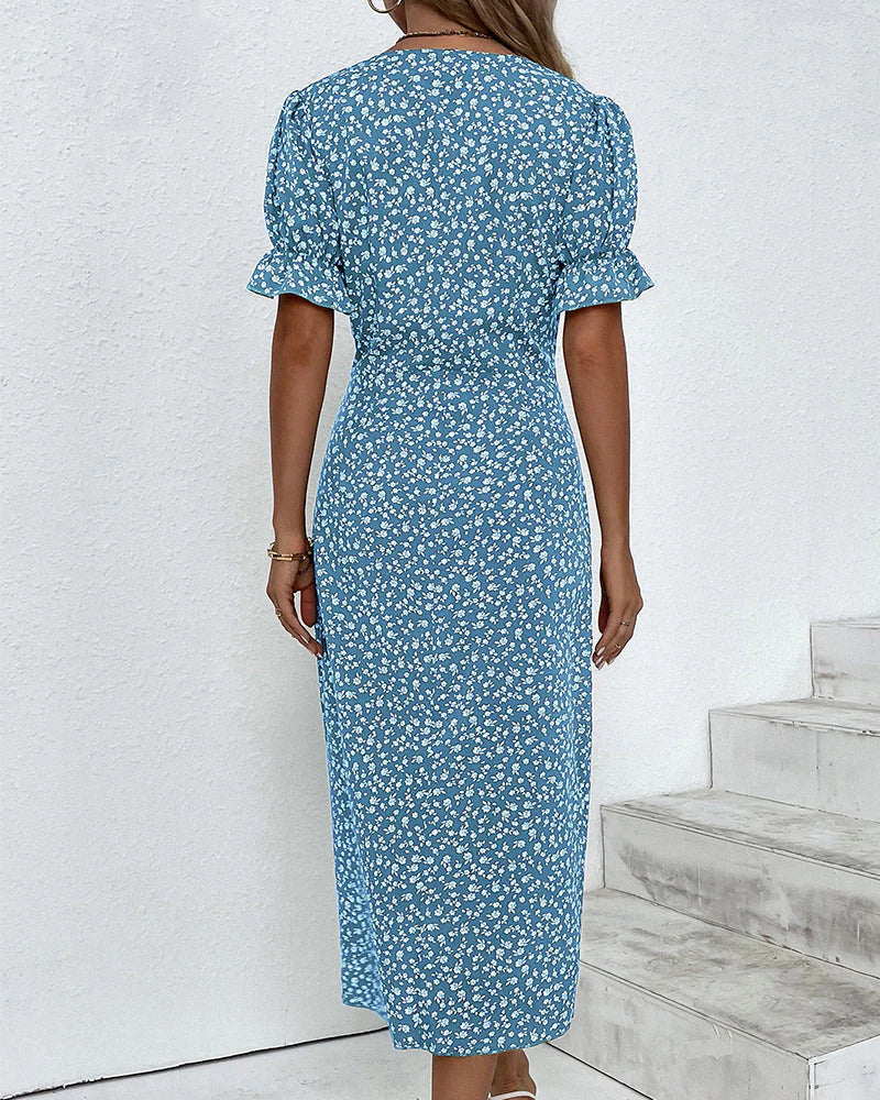 Women’s Floral Wrap Midi Dress with V-Neckline and Tulip Hem