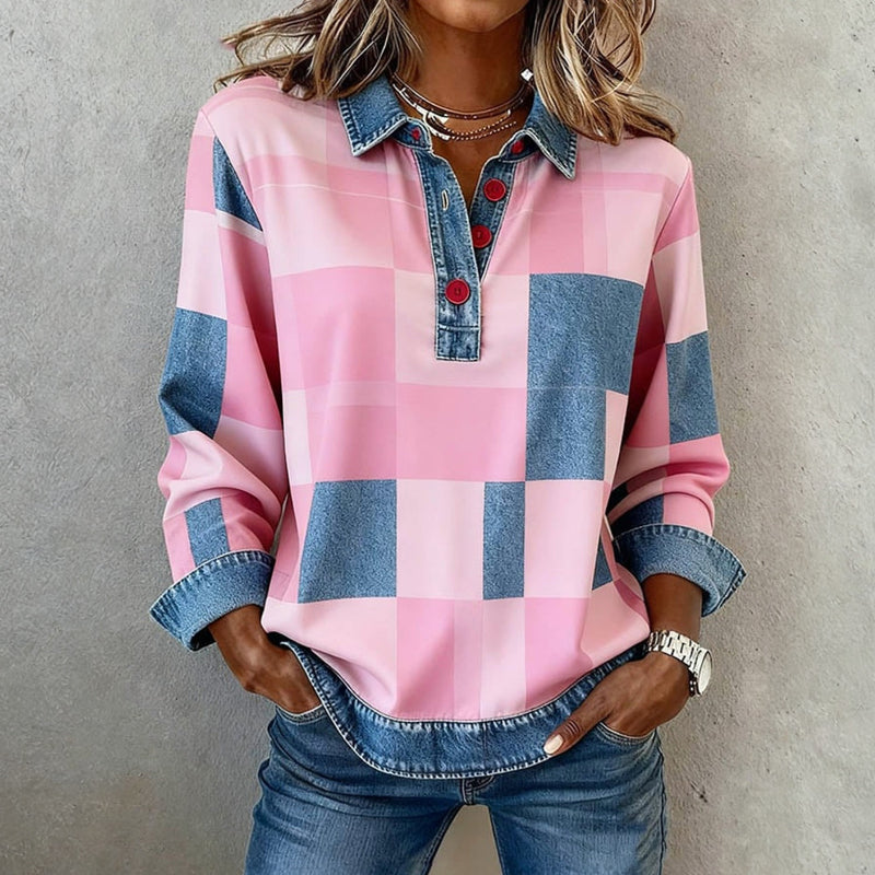 Women’s Checkered Denim-Trim Sweatshirt