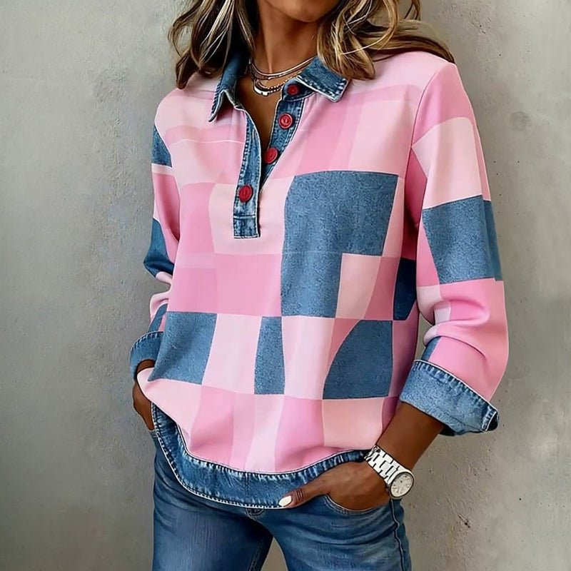 Women’s Checkered Denim-Trim Sweatshirt