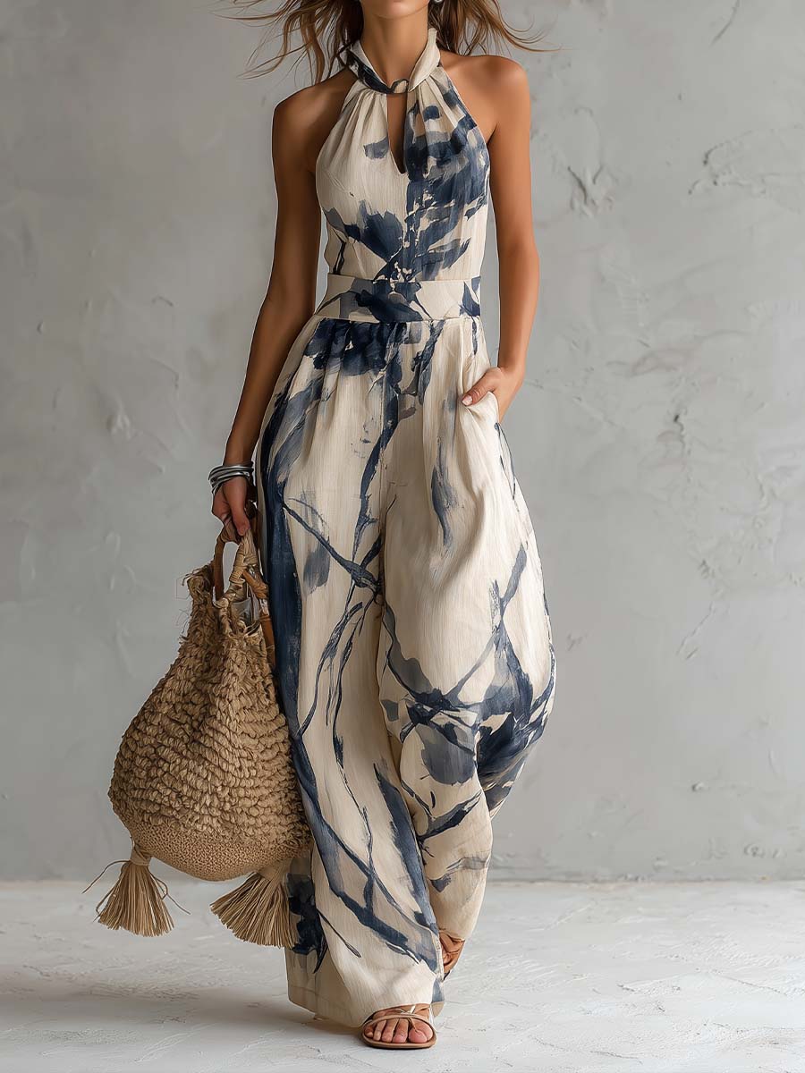 Women's Printed Halter Wide Leg Jumpsuit