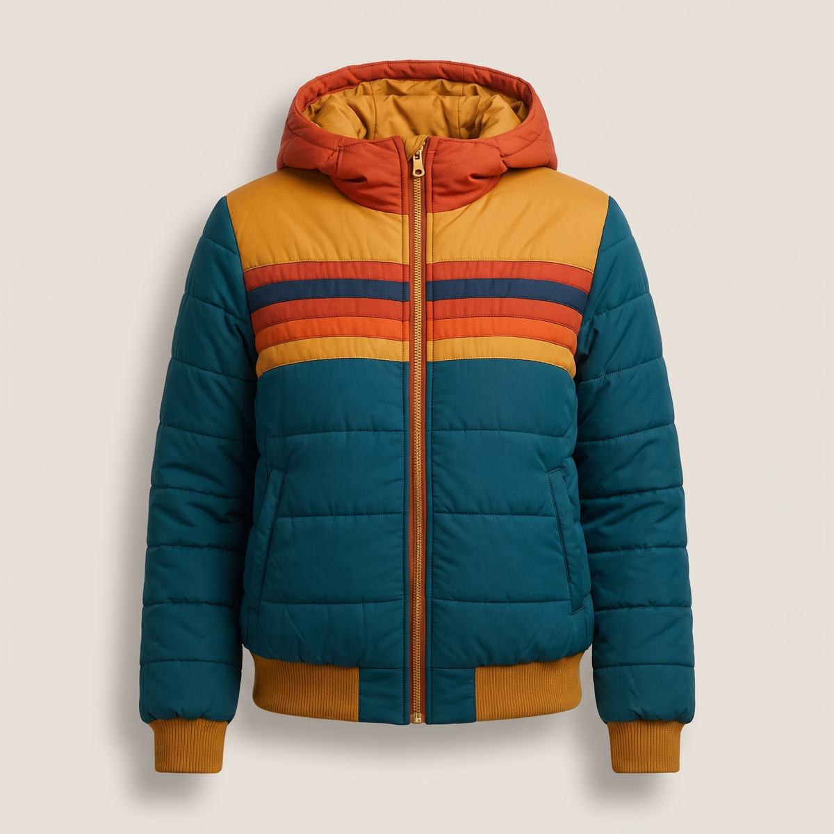 Women's Retro Warm Puffer Jacket with Striped Detail