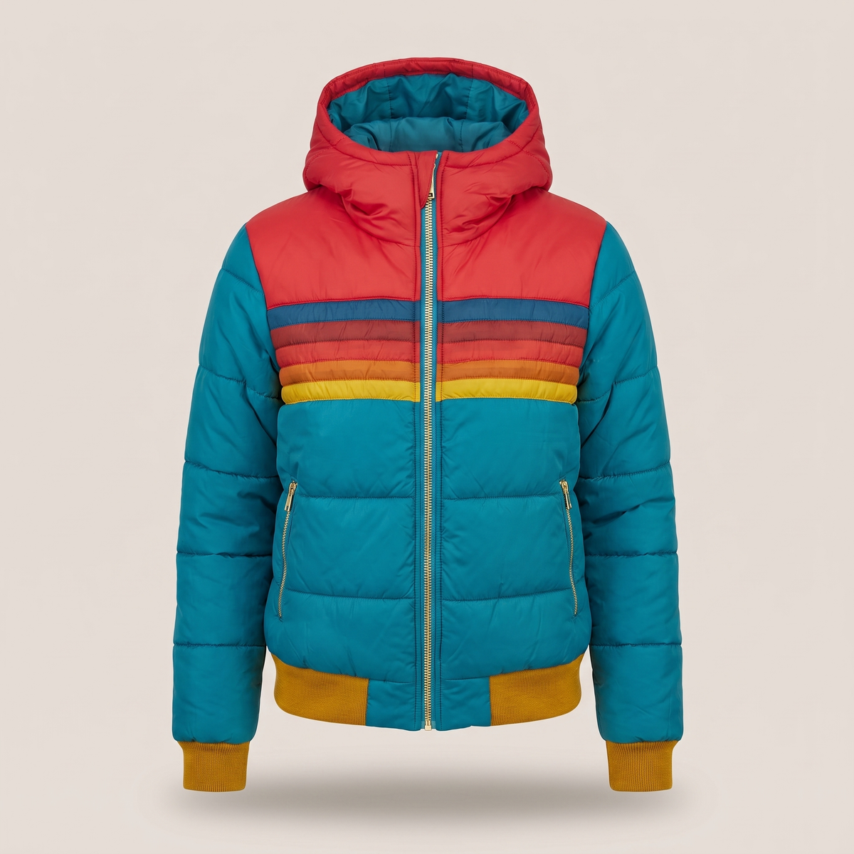 Women's Retro Warm Puffer Jacket with Striped Detail