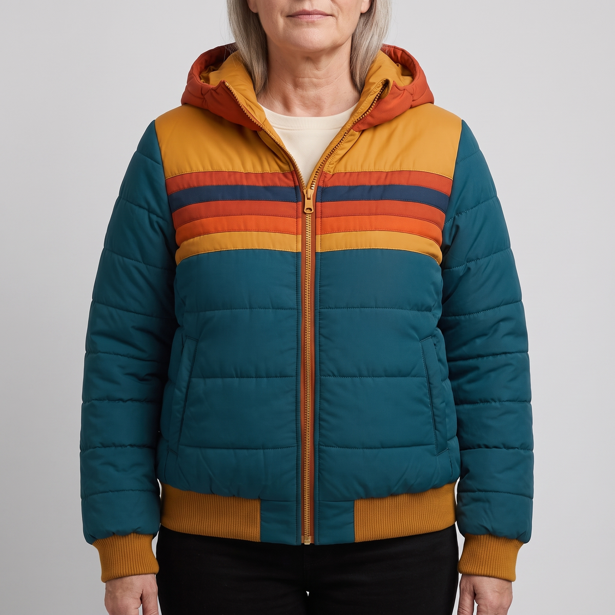 Women's Retro Warm Puffer Jacket with Striped Detail