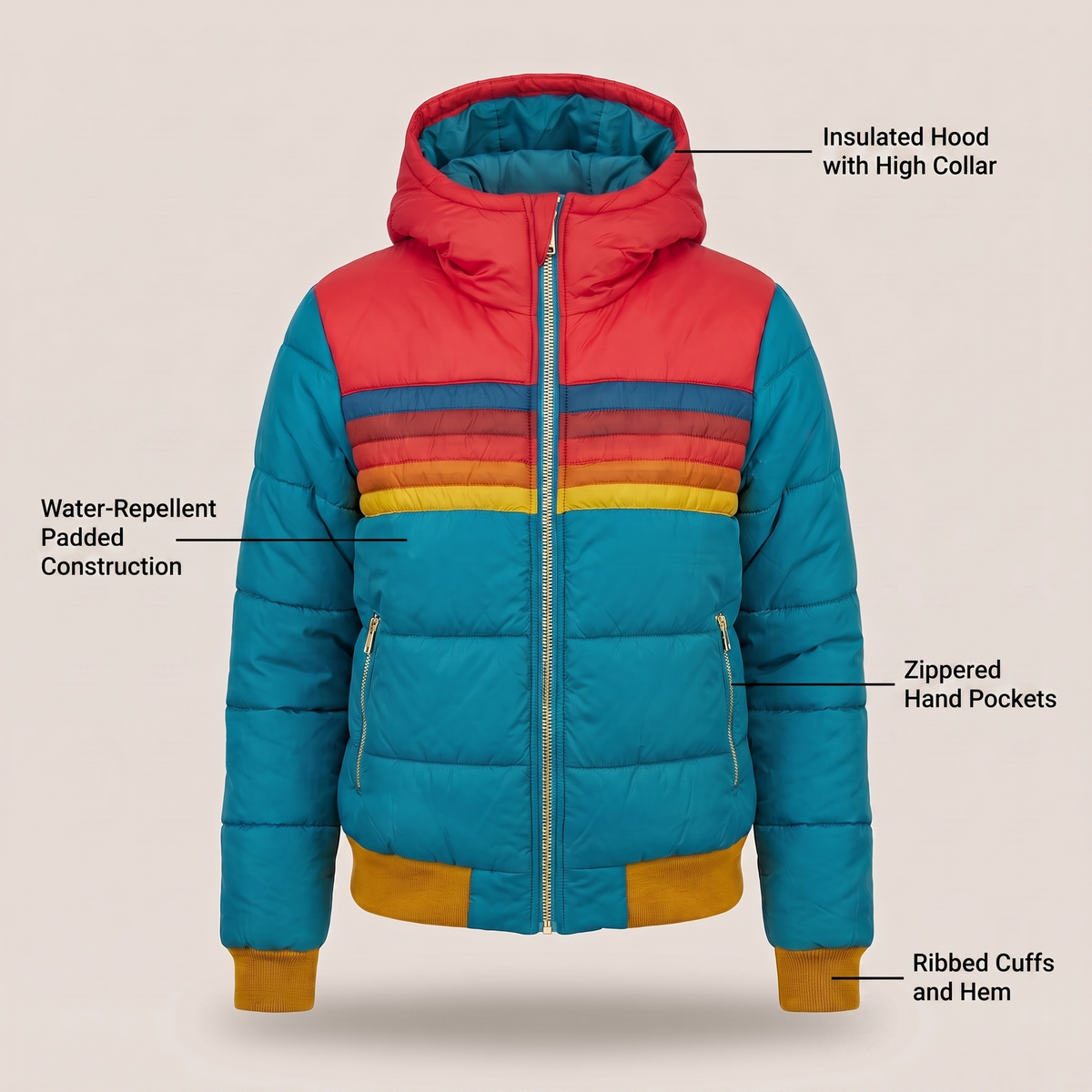 Women's Retro Warm Puffer Jacket with Striped Detail