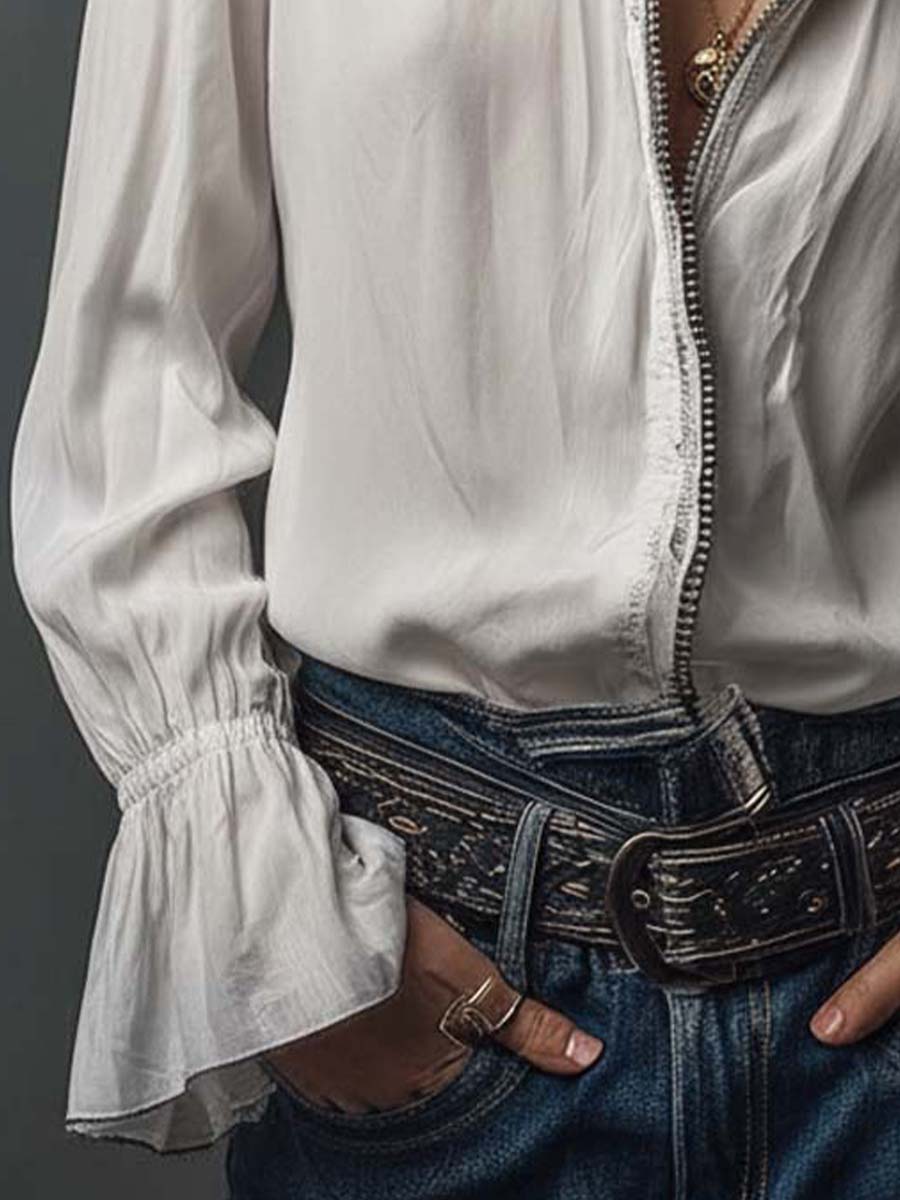 Women's White Zip-Front Blouse Flounce Cuffs