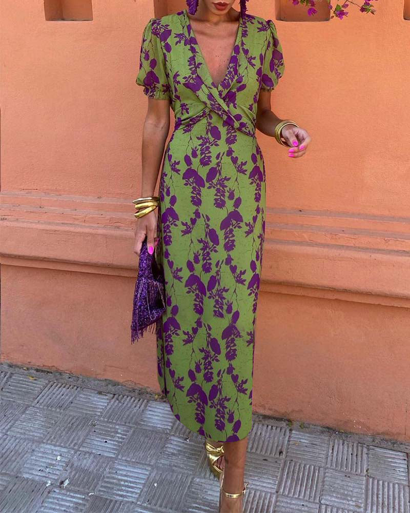 Women's Floral Print Wrap-Style Midi Dress