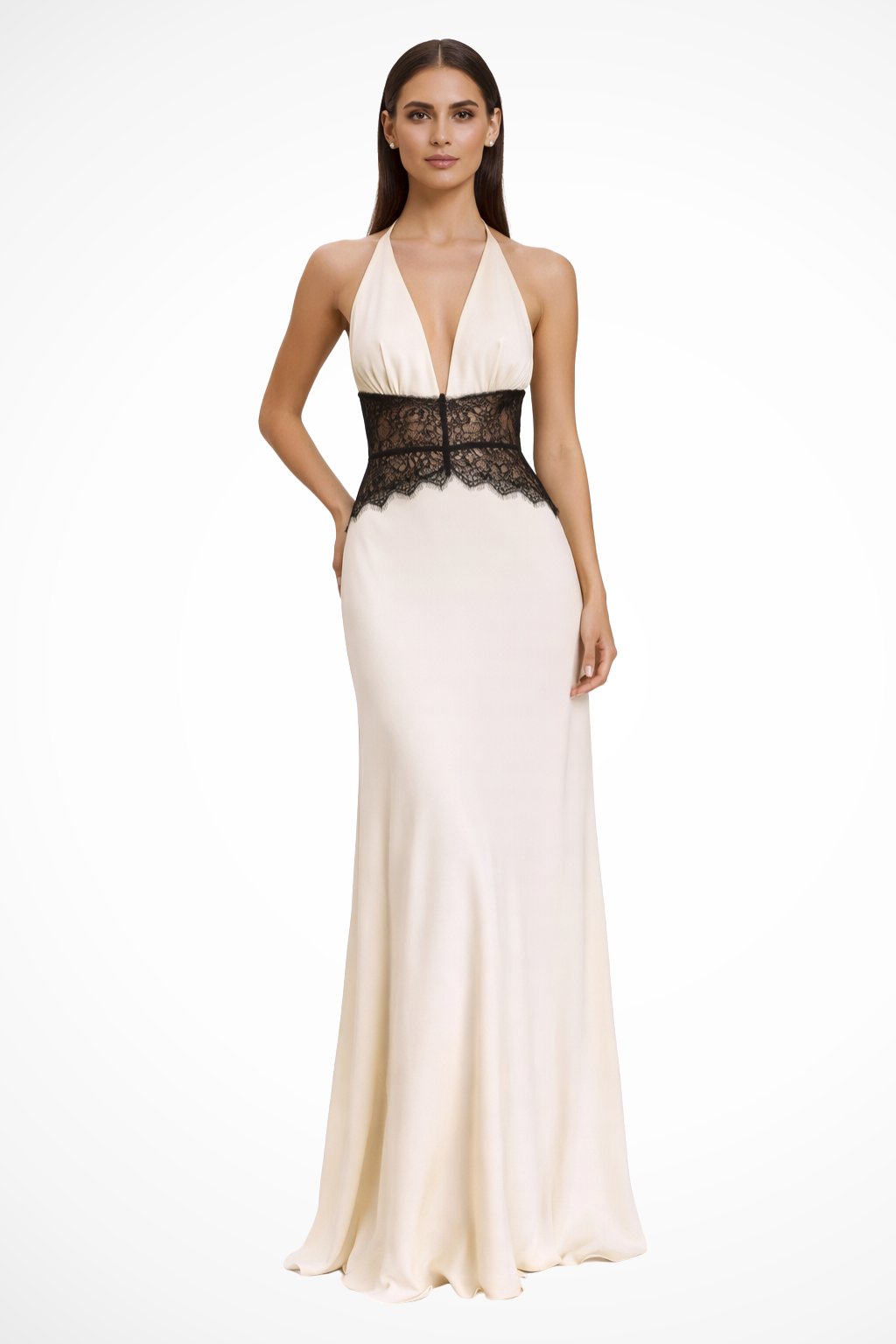 Halter Maxi Evening Dress for Women with Lace Waist Detail and Flowing Silhouette
