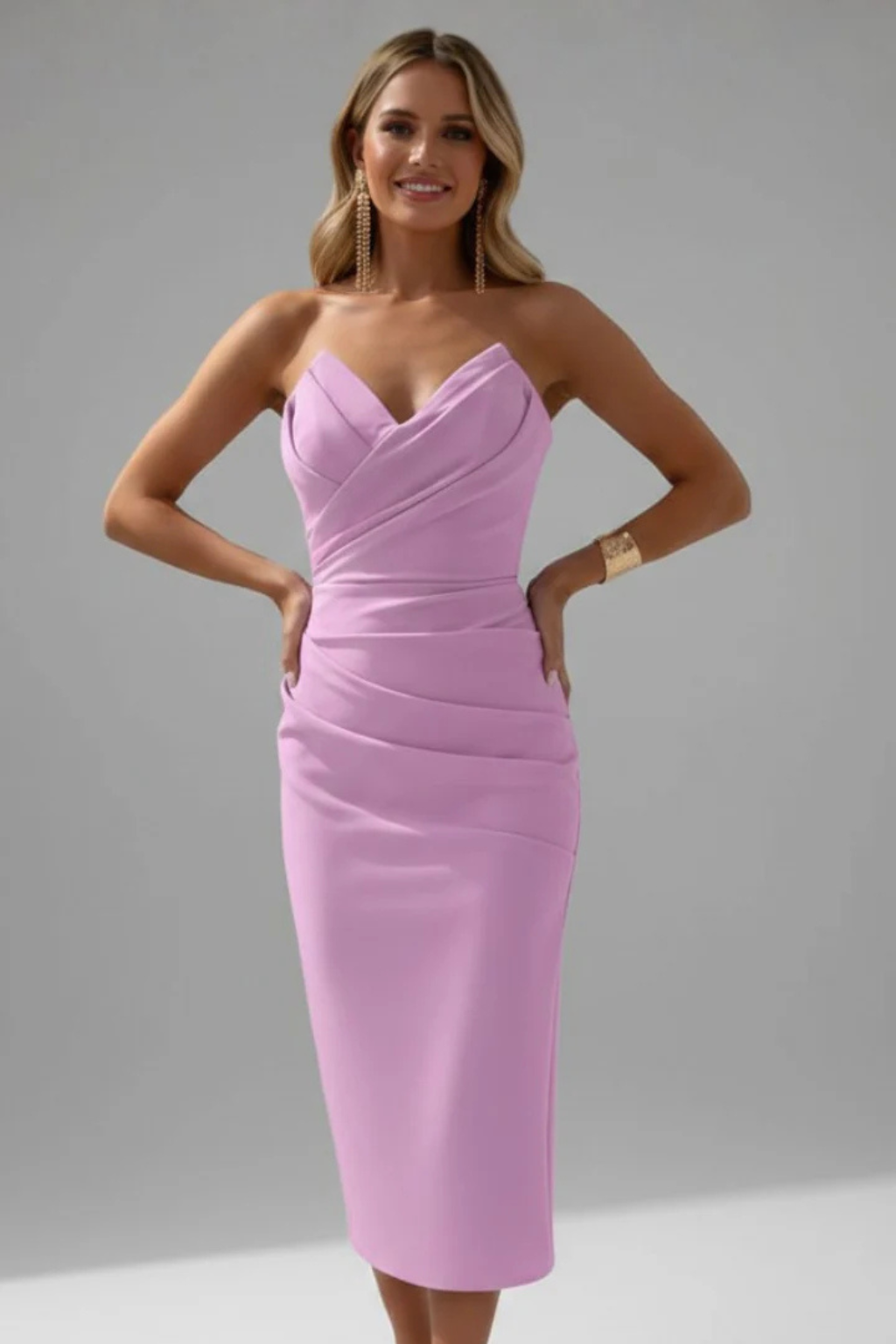 Women's Strapless Sweetheart Ruched Midi Dress