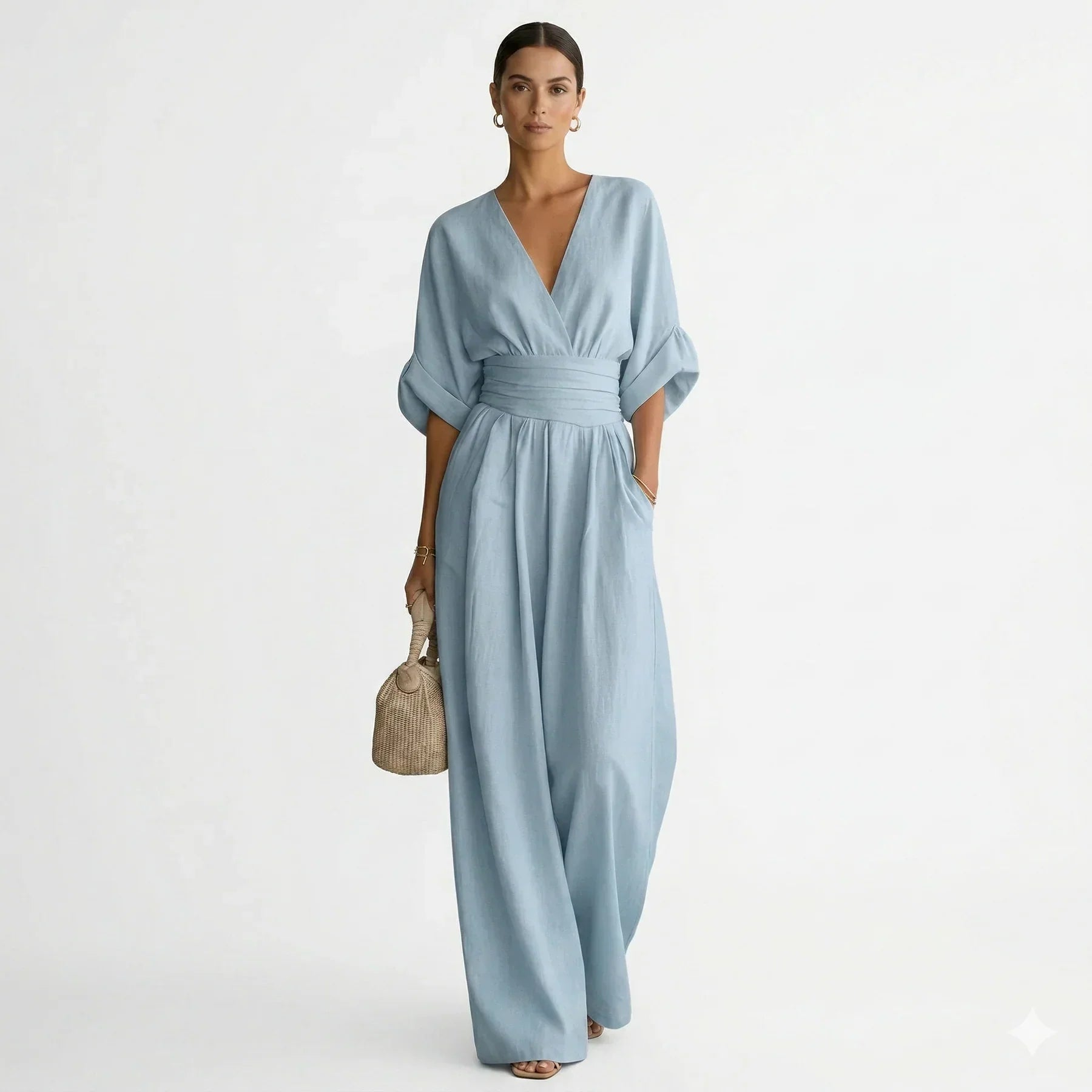 Women’s Wide Leg Jumpsuit with V-Neck and Draped Waist