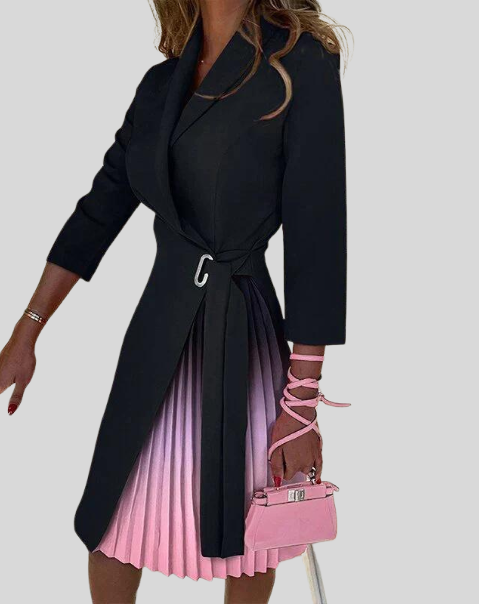 Women's Pleated Wrap Midi Dress with Tie Waist
