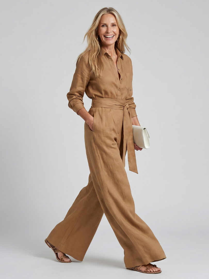 Women's Long Sleeve Button Front Wide Leg Jumpsuit