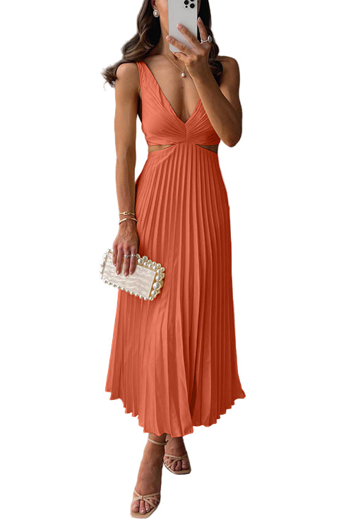 Women’s Pleated V Neck Evening Party Sleeveless Maxi Dress