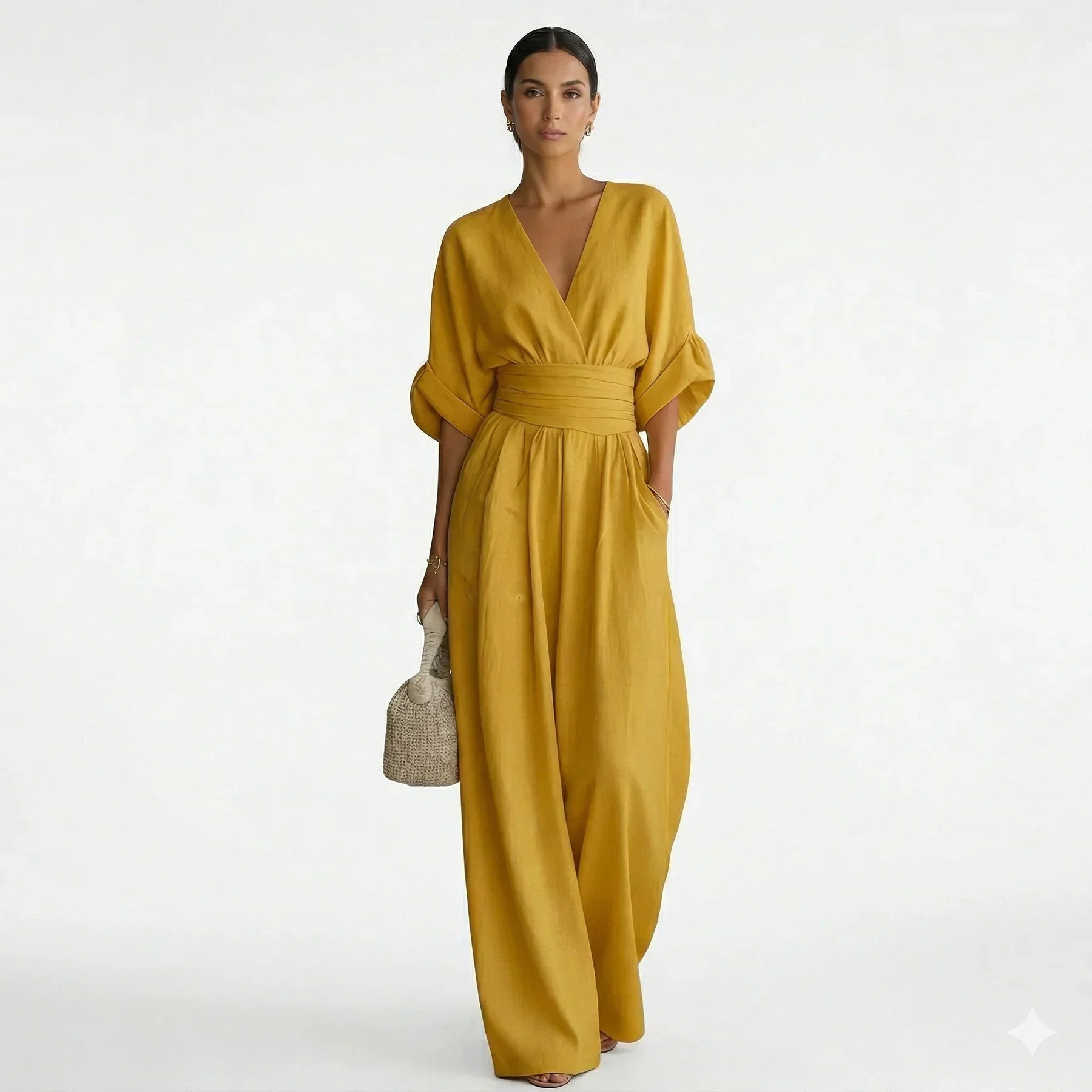 Women’s Wide Leg Jumpsuit with V-Neck and Draped Waist