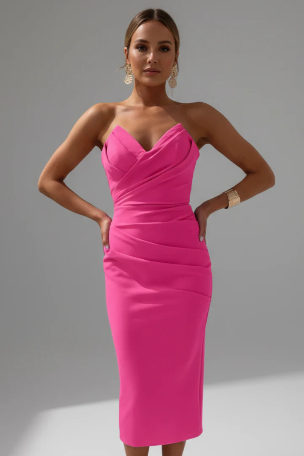 Women's Strapless Sweetheart Ruched Midi Dress