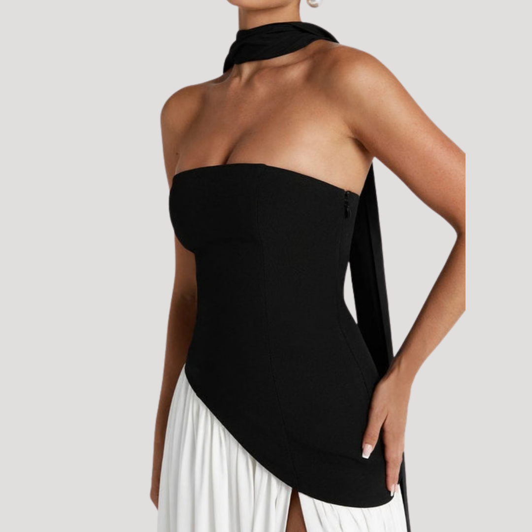 Women's Strapless High-Slit Evening Maxi Dress with Scarf Detail