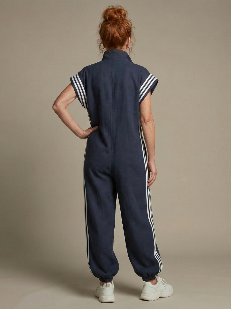 Women's Retro Zip-Up Jumpsuit with Side Stripes