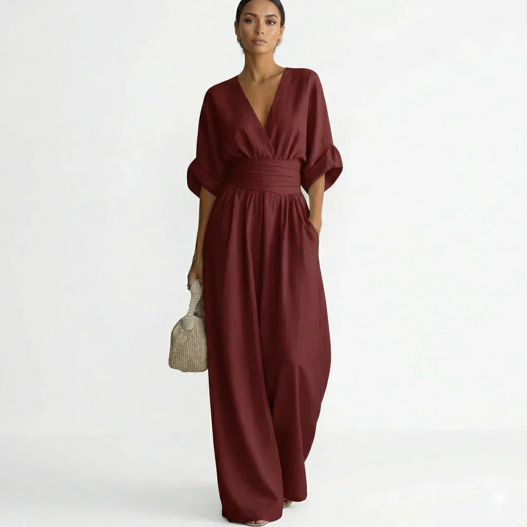Women’s Wide Leg Jumpsuit with V-Neck and Draped Waist
