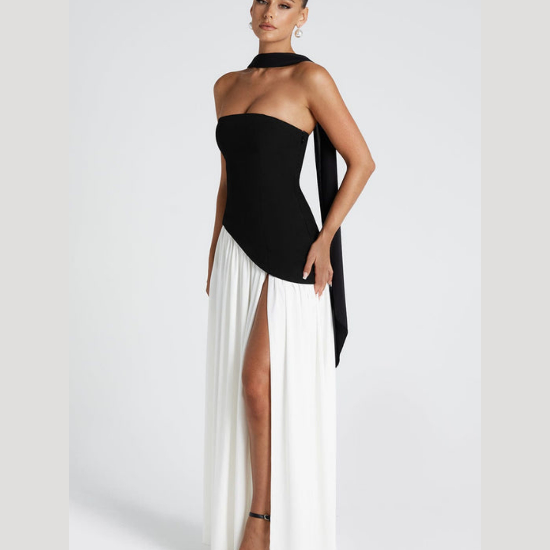 Women's Strapless High-Slit Evening Maxi Dress with Scarf Detail