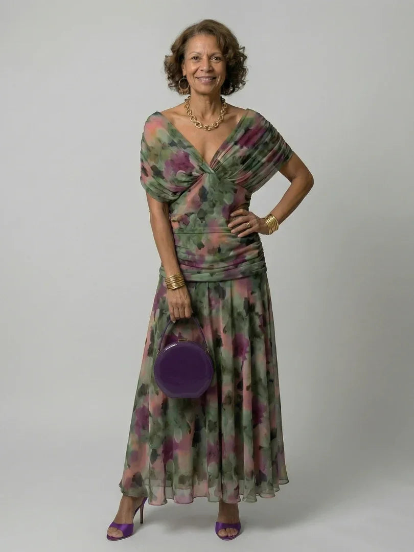 Women's Floral Mesh Maxi Dress with Ruched Bodice