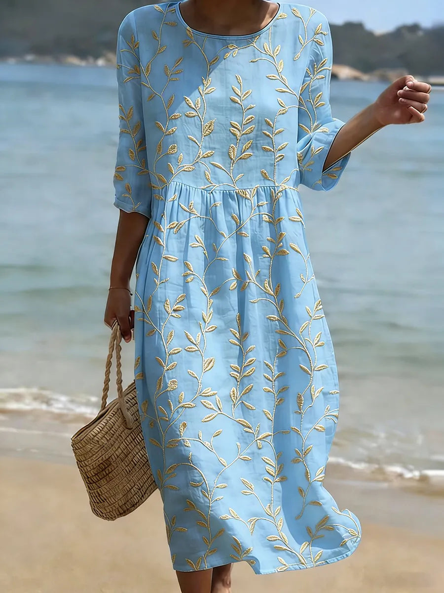 Women's Leaf Vine Embroidered 3/4 Sleeve Smock Midi Dress