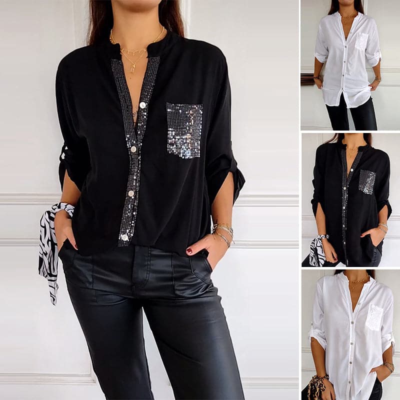 Women's Sequin Pocket Button-Up Blouse