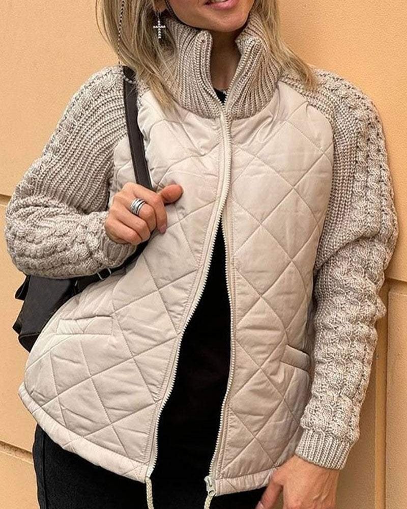 Women's Quilted Jacket with Cable Knit Sleeves