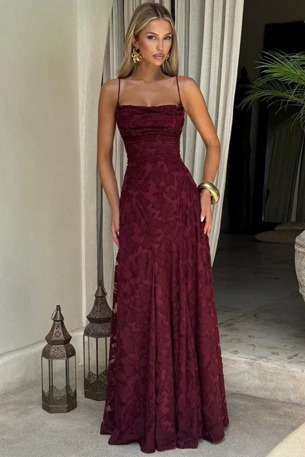 Women's Floral Jacquard Lace-Up Maxi Dress