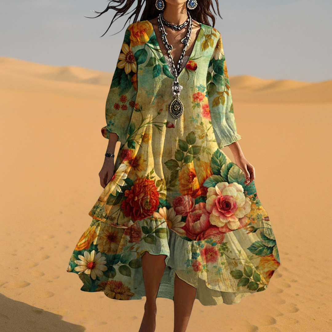 Women's Boho Floral Midi Dress with V-Neck & 3/4 Sleeves |