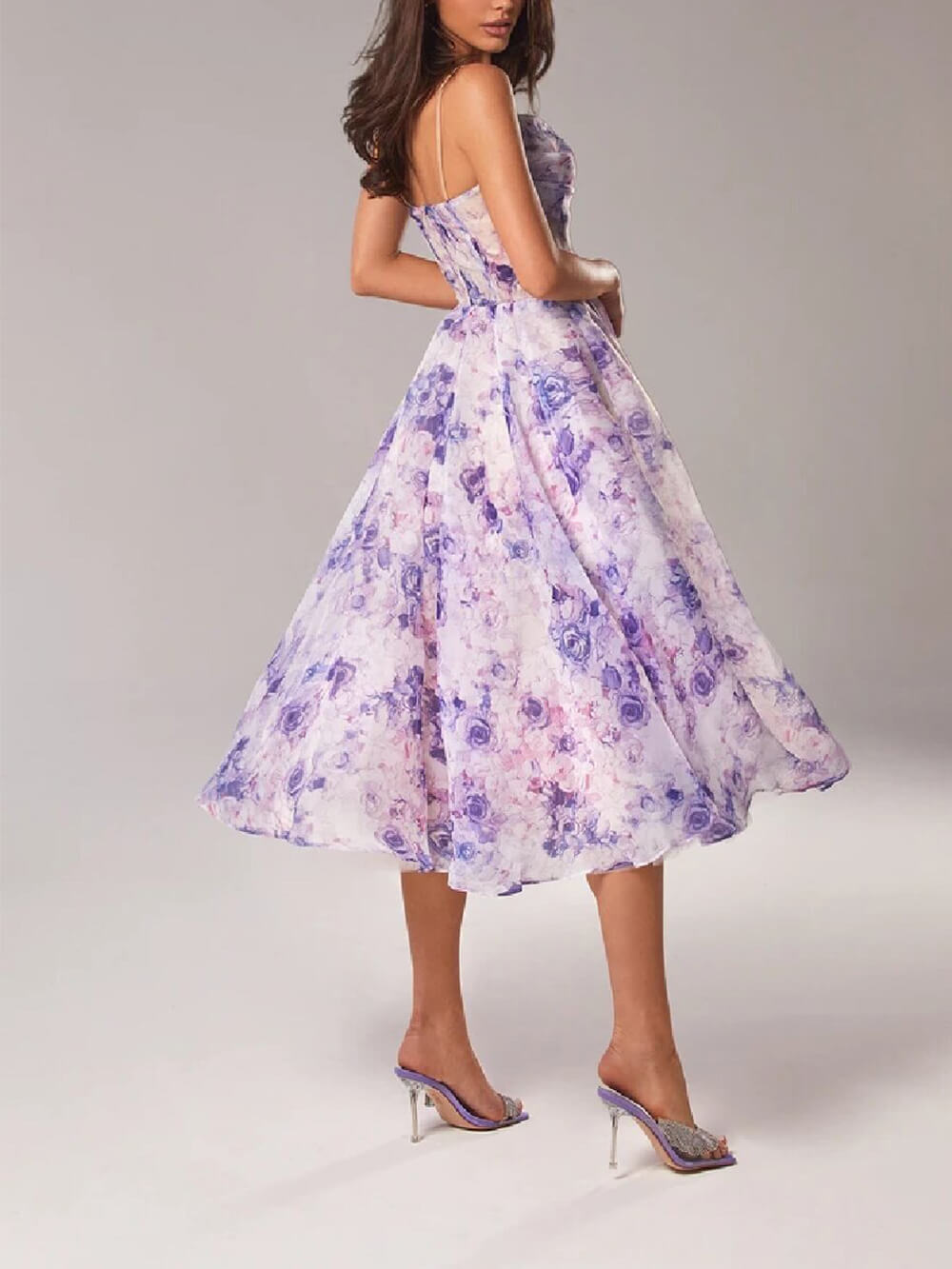 Women’s Strapless Floral Midi Dress with Flowy A-Line Skirt