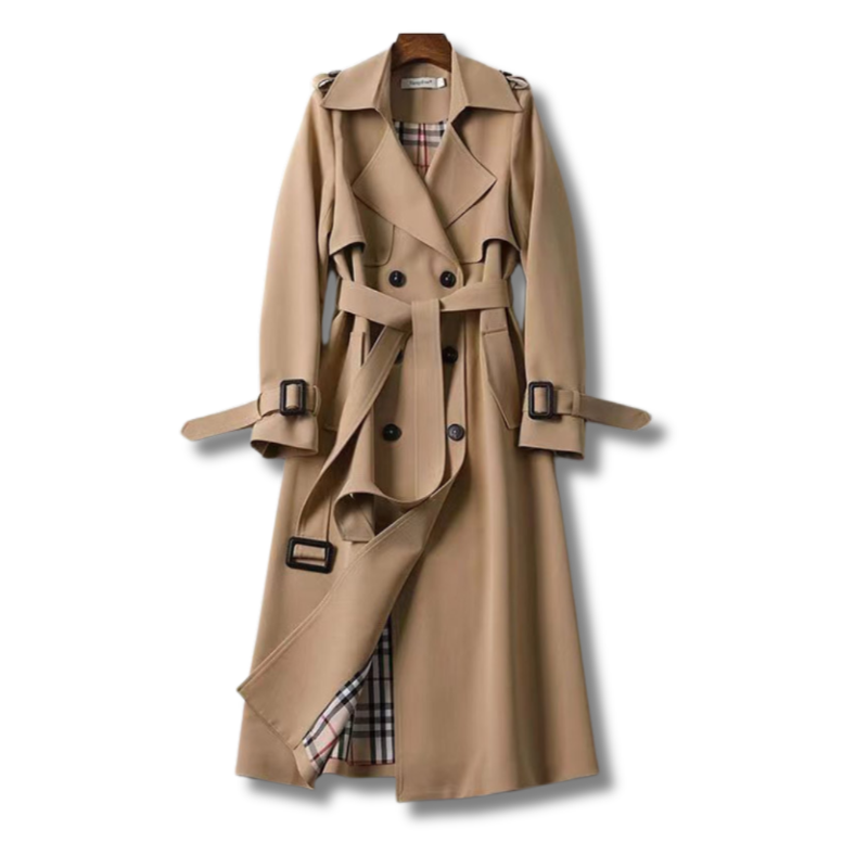 Women's Double-Breasted Belted Trench Coat with Classic Lapel