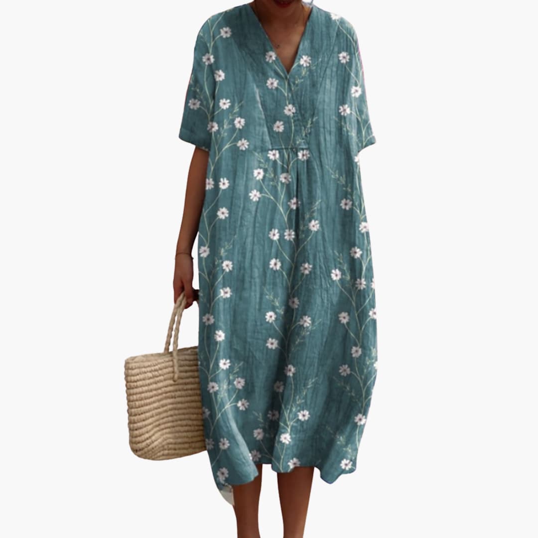 Women's Floral Print Relaxed Midi Dress with Pockets