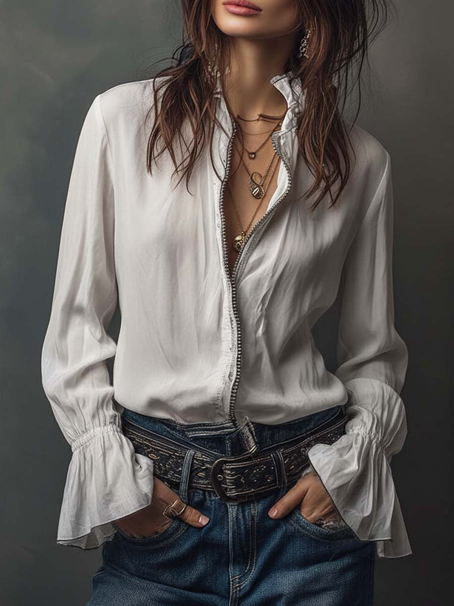 Women's White Zip-Front Blouse Flounce Cuffs