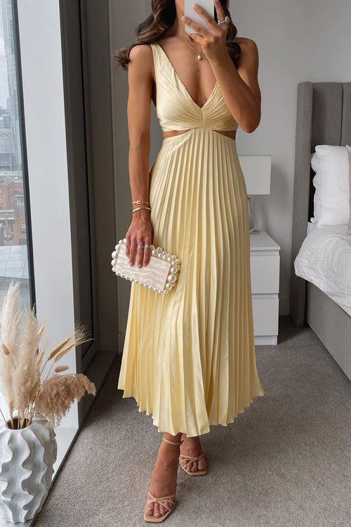Women’s Pleated V Neck Evening Party Sleeveless Maxi Dress