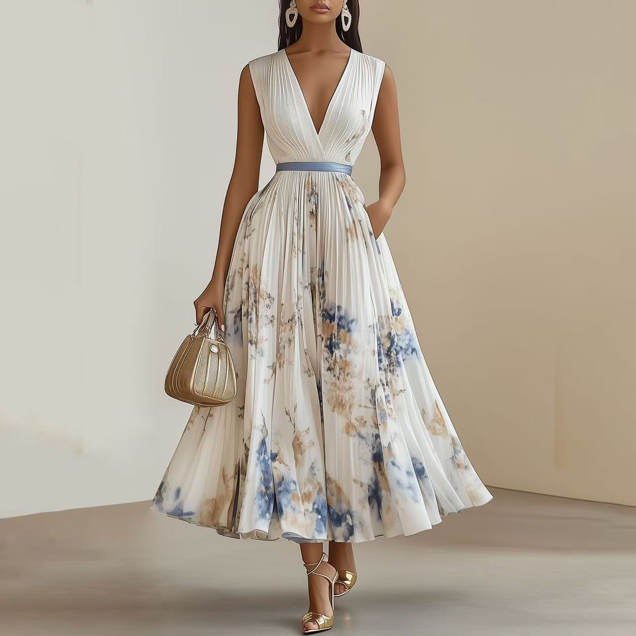 Women's Floral Maxi Dress with V-Neck