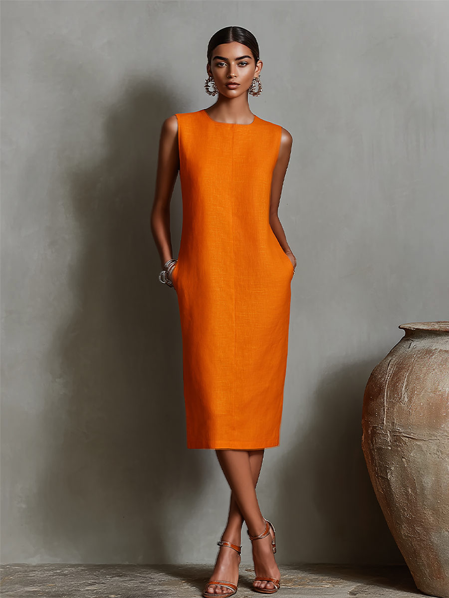 Women's Sleeveless Crew Neck Shift Midi Dress