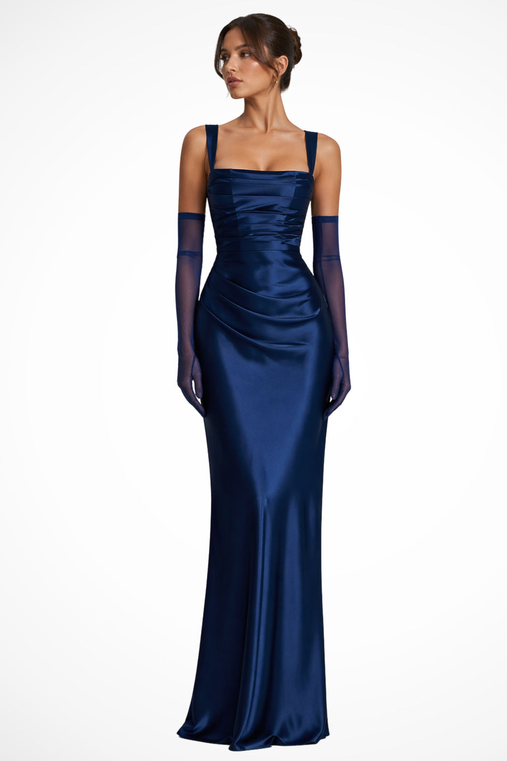 Women's Square Neck Ruched Satin Maxi Dress
