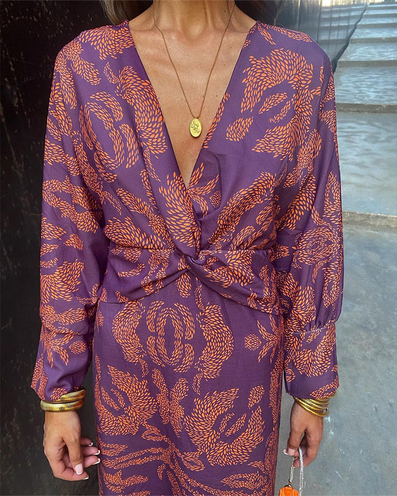 Long Sleeve V-Neck Boho Knot Front Midi Dress