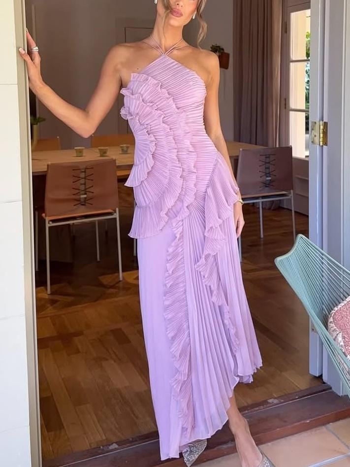 Women’s One-Shoulder Ruffle Maxi Dress with Pleated Asymmetrical Hem
