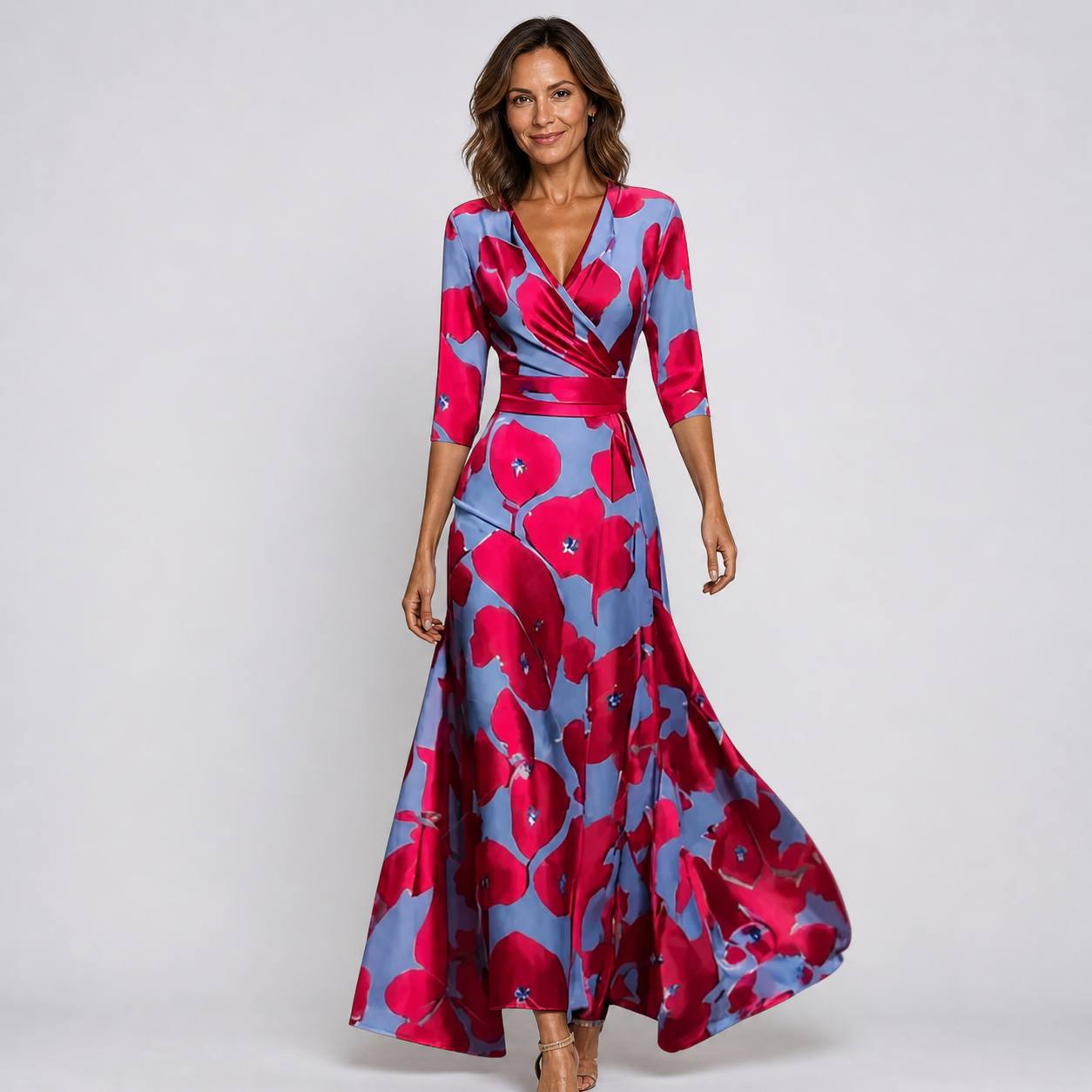 Women’s Elegant Floral Wrap Maxi Dress with 3/4 Sleeves