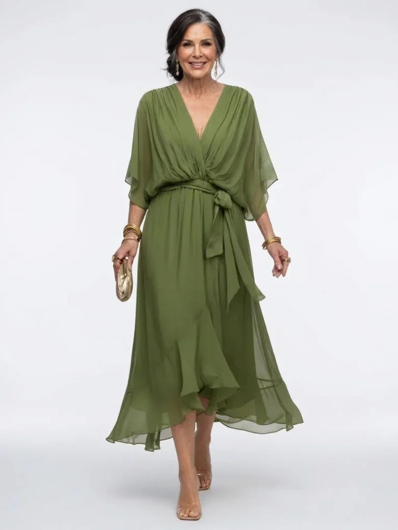 Women's V-Neck Draped Waist Tie Midi Dress