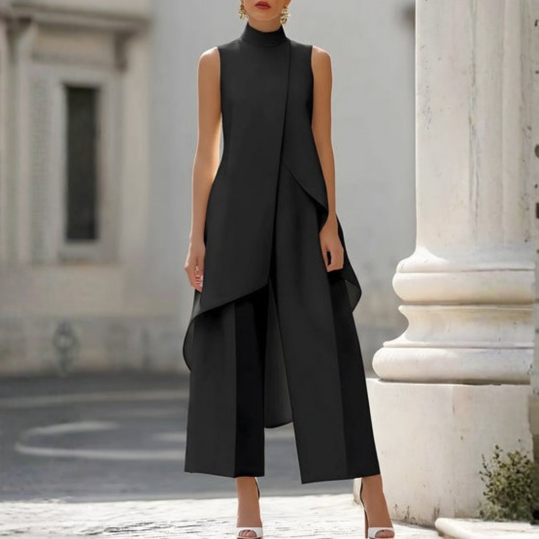 Women's Sleeveless Turtleneck Asymmetric Drape Jumpsuit