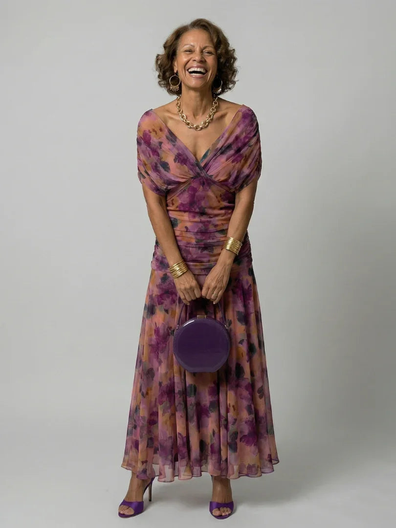 Women's Floral Mesh Maxi Dress with Ruched Bodice