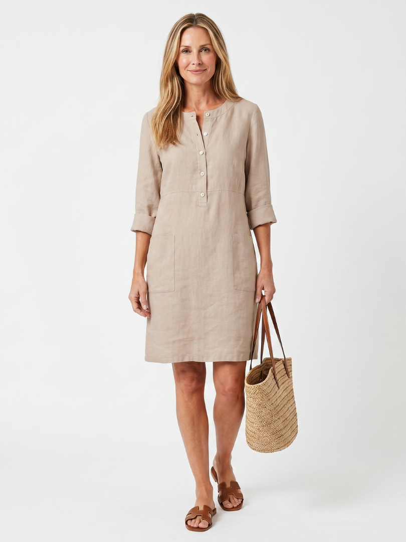 Women's Relaxed Shift Dress with Three-Quarter Sleeves