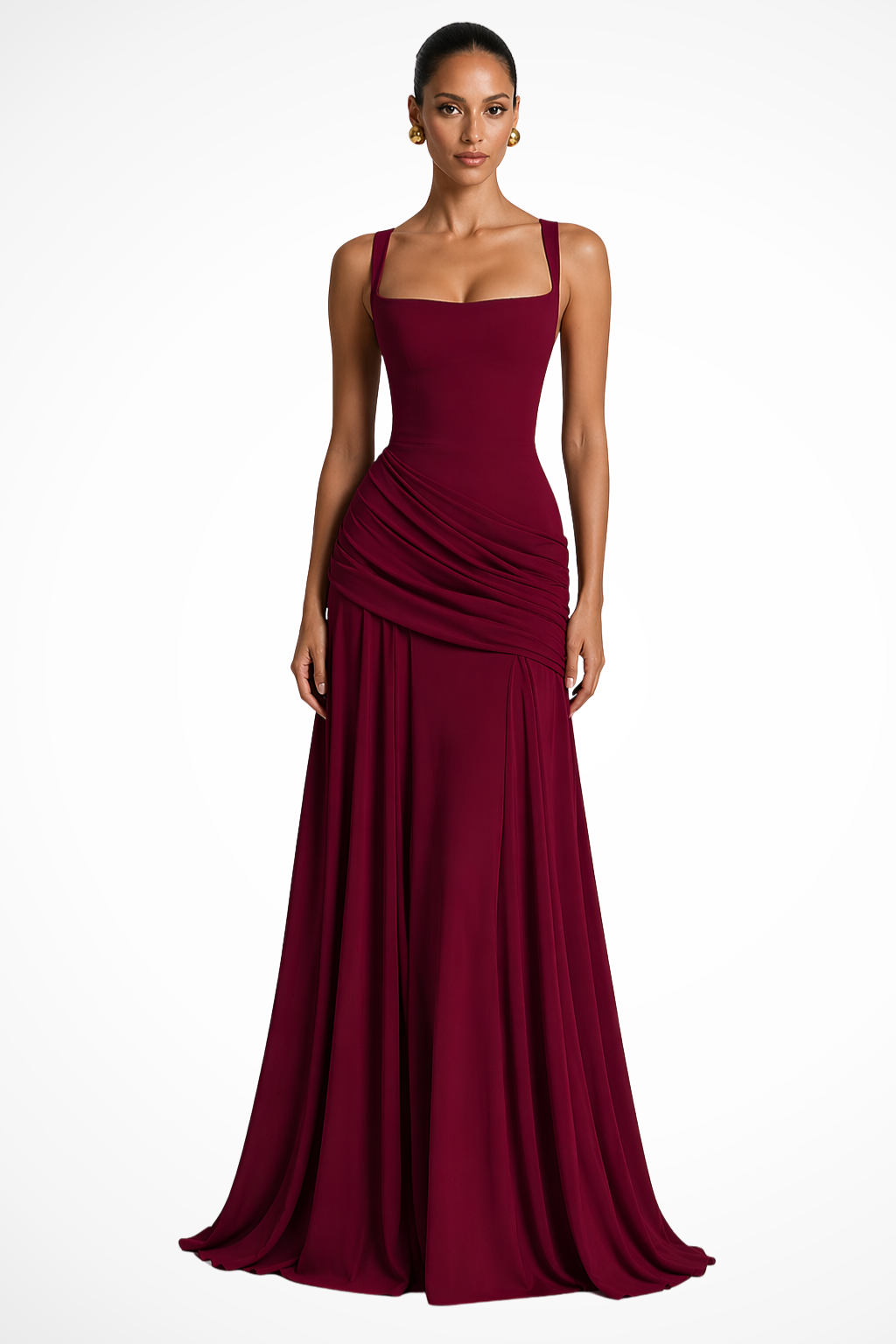 Women's Square Neck Ruched Maxi Dress Side Slit