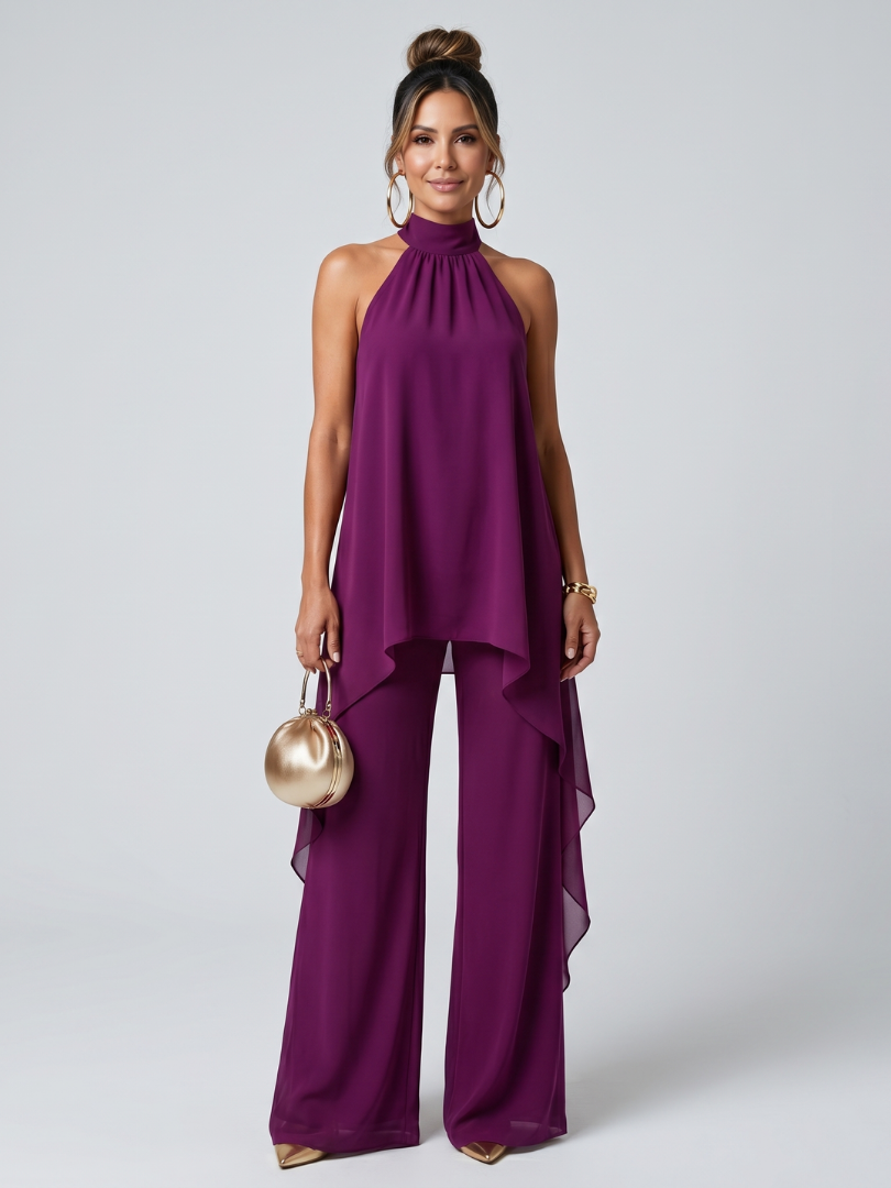 Women's Halter Neck Layered Top & Wide Leg Pants Set