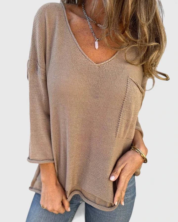 Women's V-Neck Fine Knit Sweater with Chest Pocket