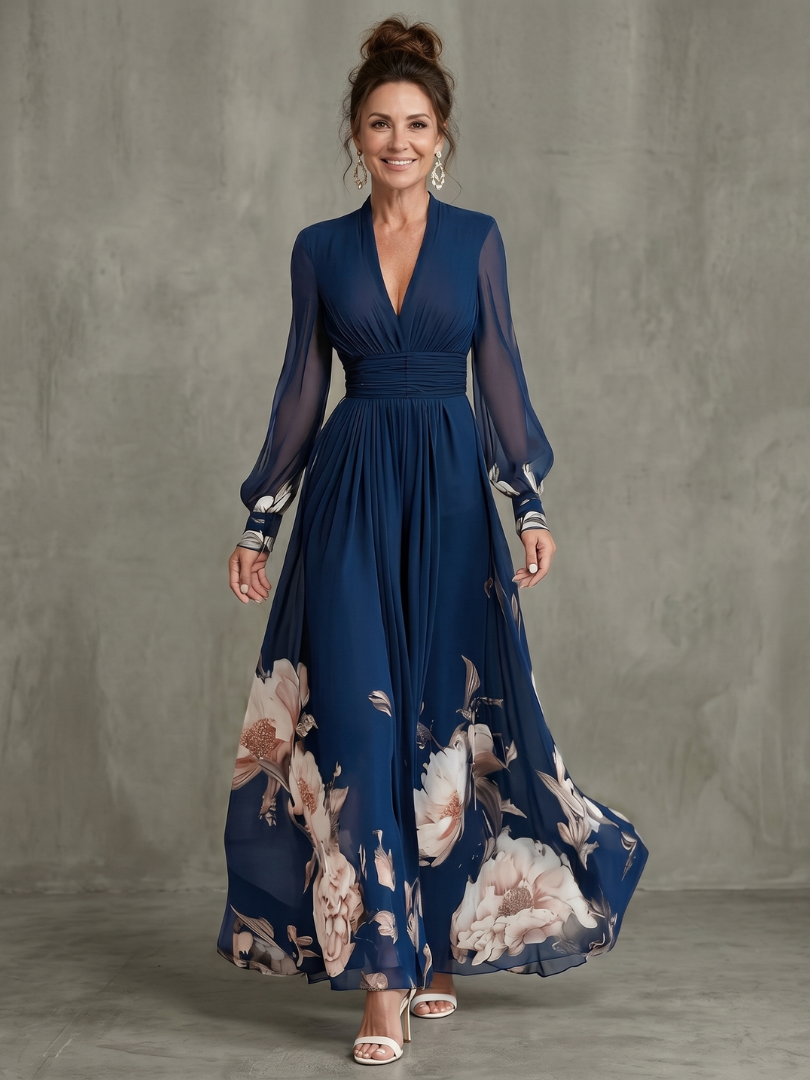Women's Pleated Maxi Dress with Sheer Sleeves