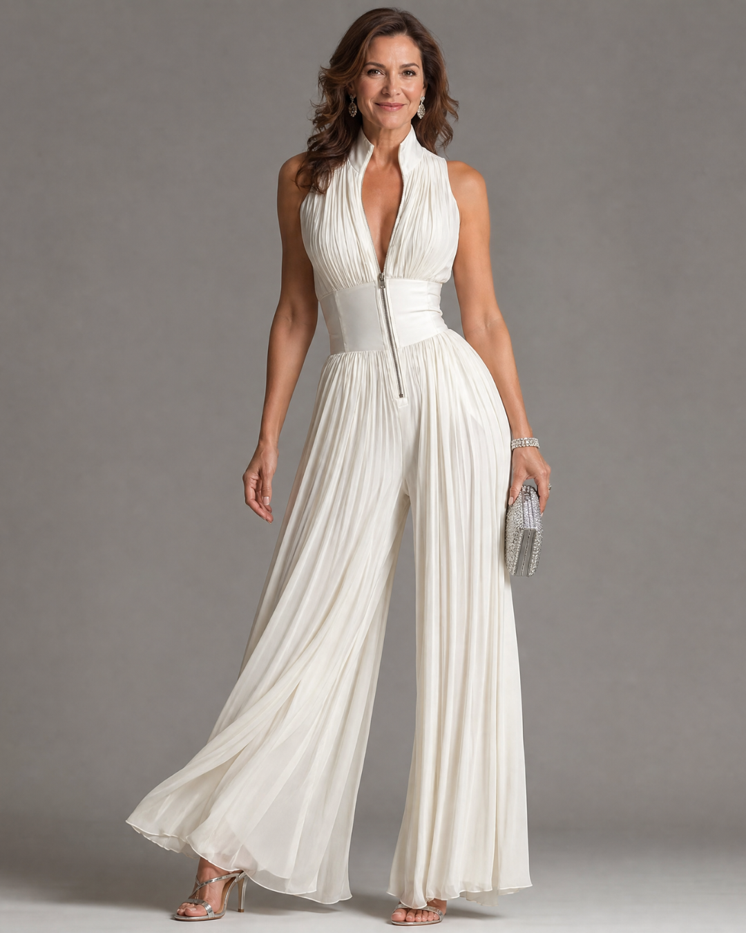 Women's Sleeveless Pleated Halter Wide-Leg Jumpsuit