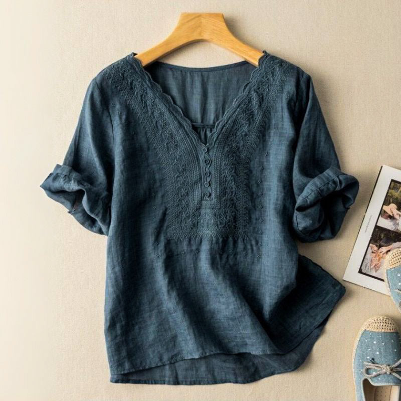 Women's Embroidered V-Neck Blouse with Relaxed Fit