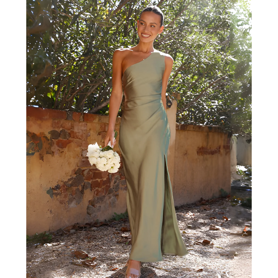 One Shoulder Side Slit Satin Maxi Dress